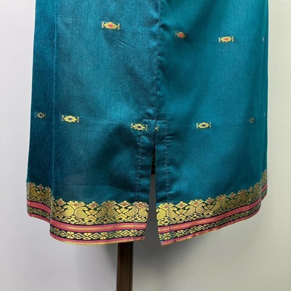 Amanda Smith Peacock Blue Gold Embroidered Trim Straight Lightweight Skirt Sz XL - Picture 3 of 16